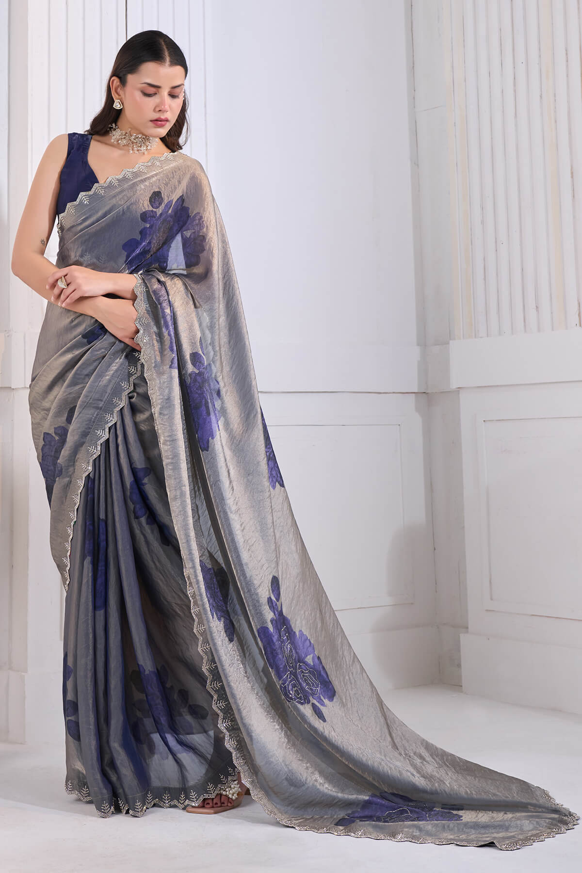 Beautiful Blue Jarkan Work Fandy Silk Saree