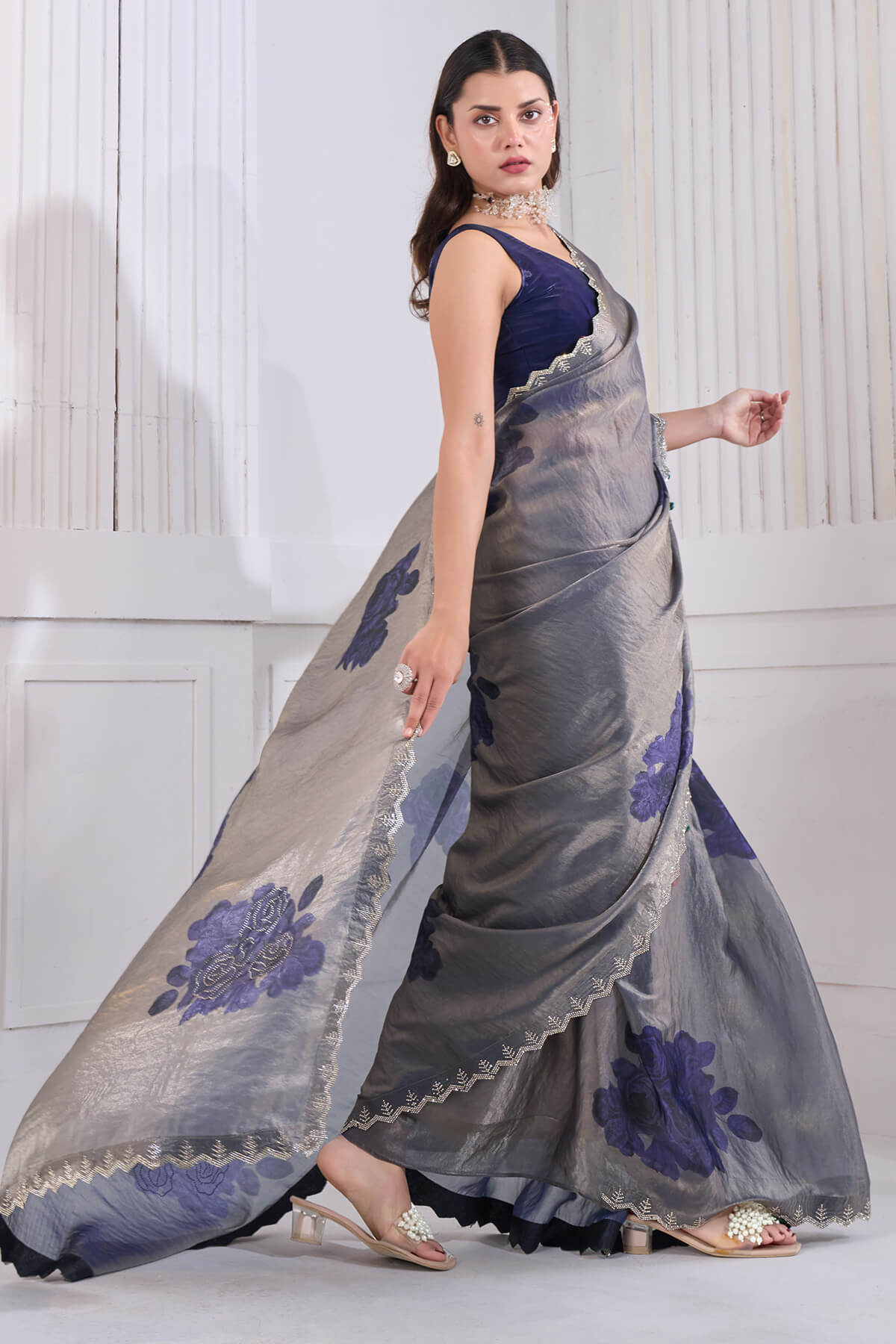 Beautiful Blue Jarkan Work Fandy Silk Saree