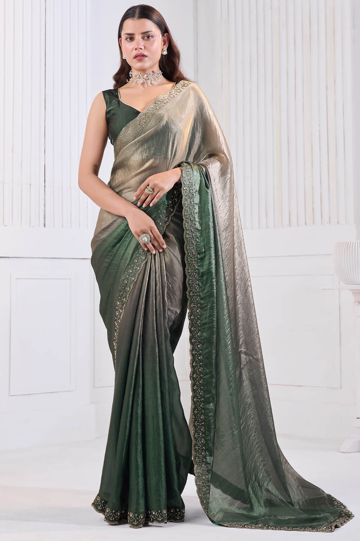 Lovely Green Jarkan Work Fandy Silk Saree