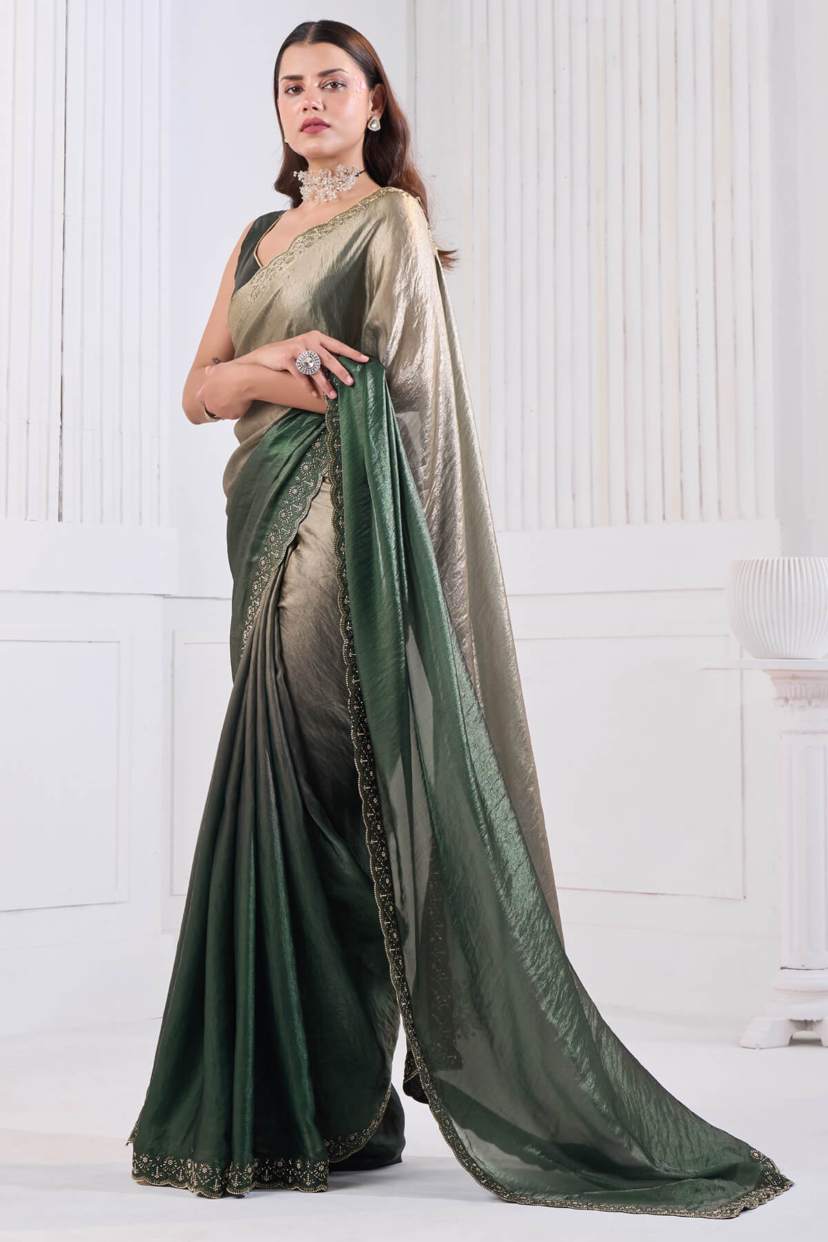 Lovely Green Jarkan Work Fandy Silk Saree