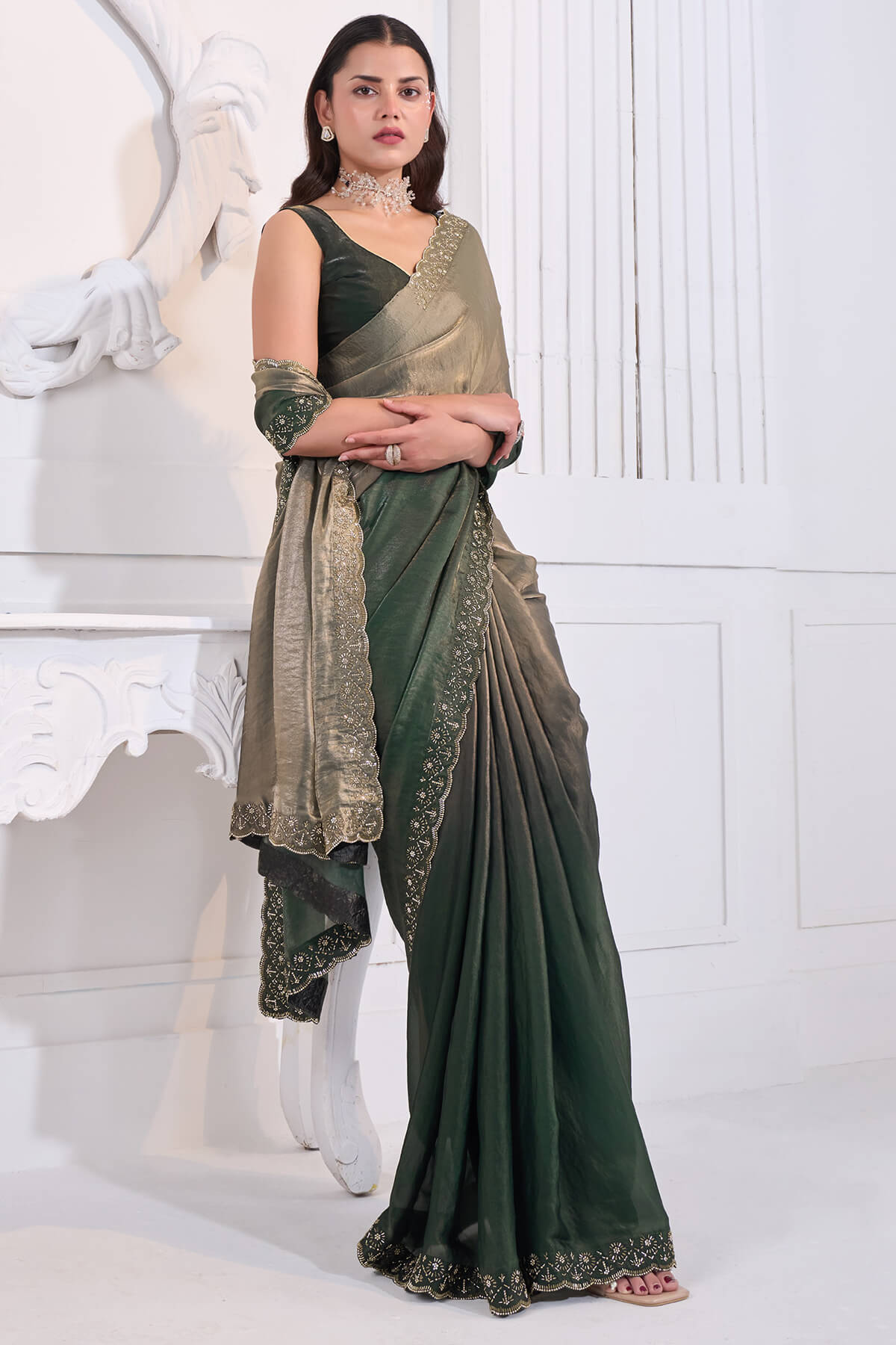 Lovely Green Jarkan Work Fandy Silk Saree