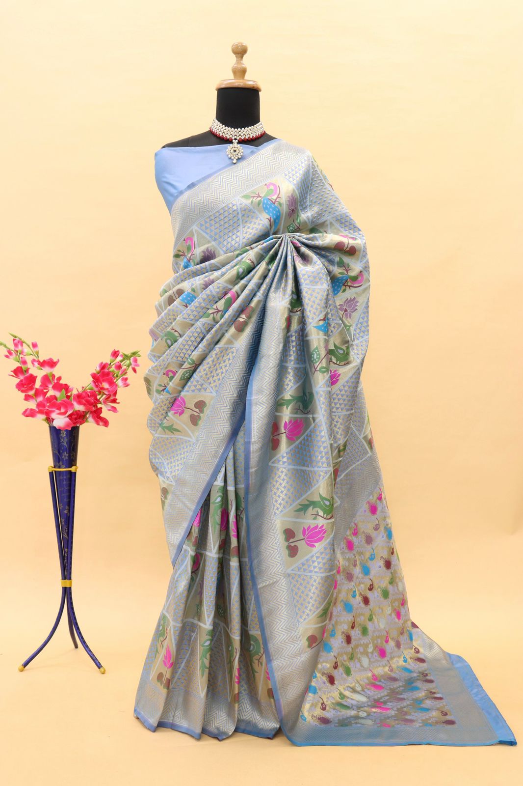 Redolent Grey Paithani Silk Saree With Denouement Blouse Piece