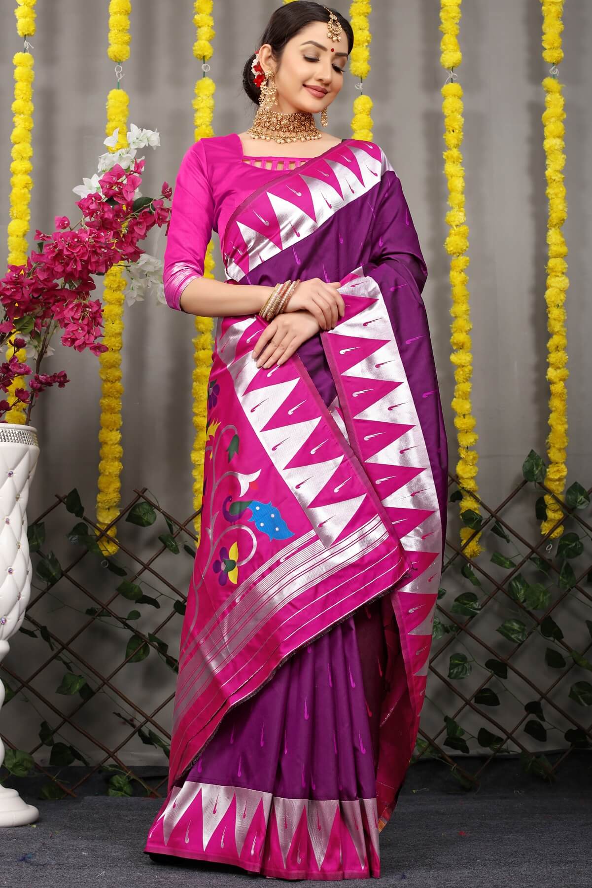 Delectable Wine Paithani Silk Saree With Appealing Blouse Piece