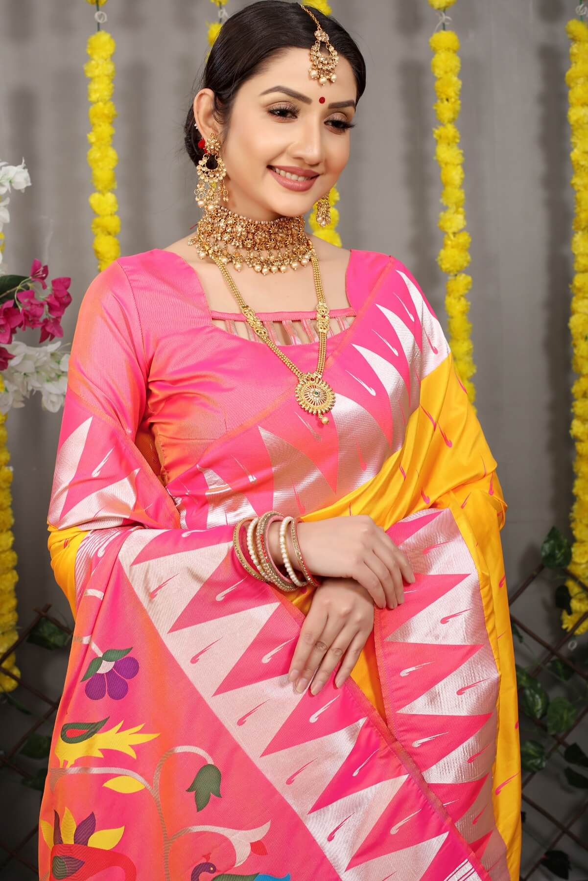 Devastating Yellow Paithani Silk Saree With Appealing Blouse Piece