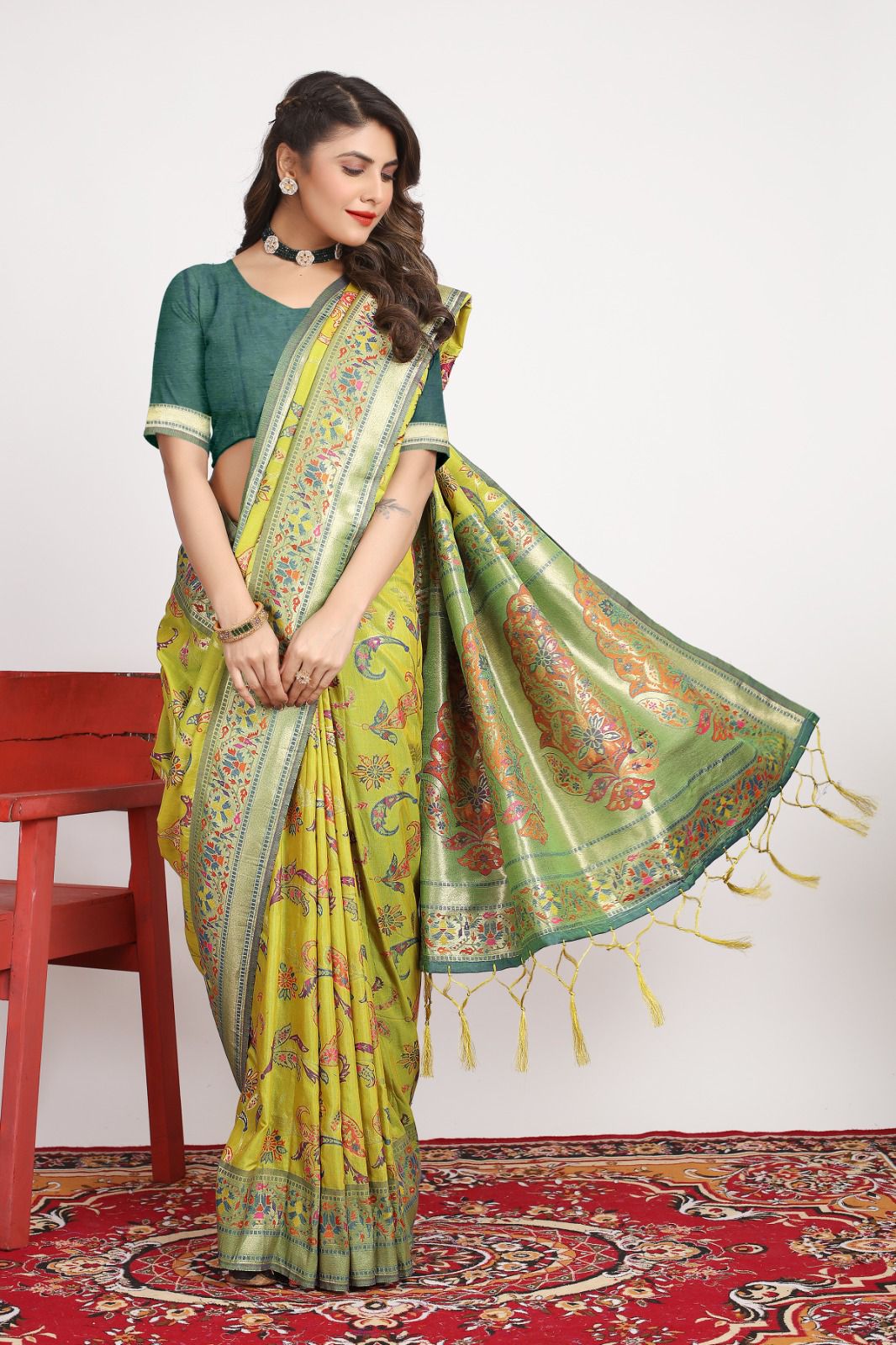 Captivating Mehndi Pashmina saree With Ravishing Blouse Piece