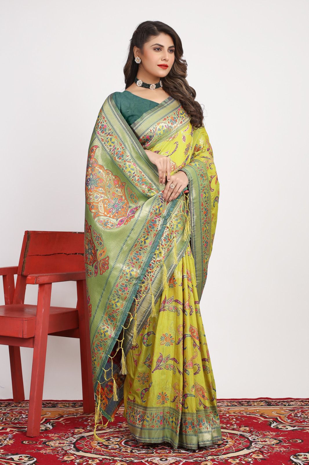 Captivating Mehndi Pashmina saree With Ravishing Blouse Piece