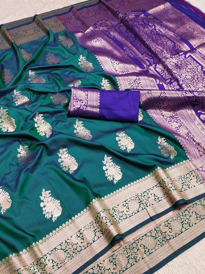 Dulcet Rama Soft Banarasi Silk Saree With Surpassing Blouse Piece