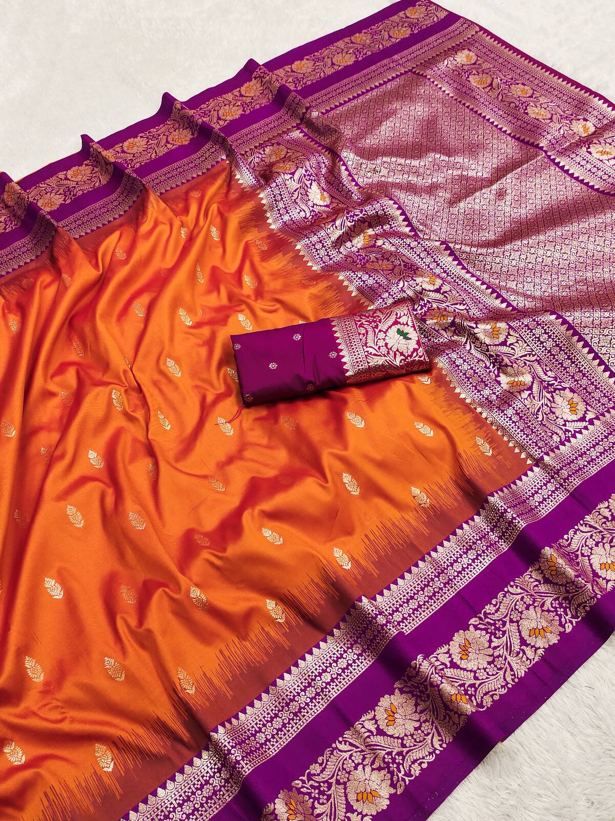 Flaunt Orange and Purple Pure Banarasi Silk Saree With Gratifying Blouse Piece