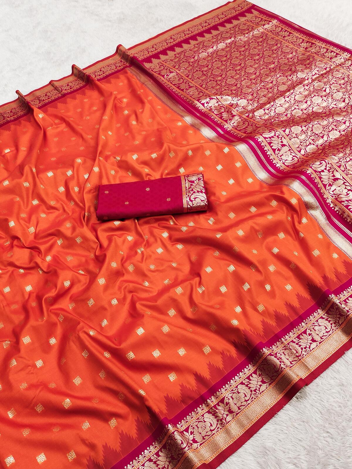 Ravishing Orange Pure Banarasi Silk Saree With Desiring Blouse Piece