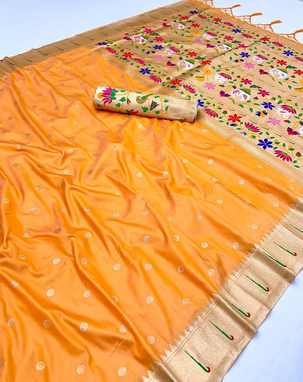 Gleaming Yellow Paithani Silk Saree With Designer Blouse Piece
