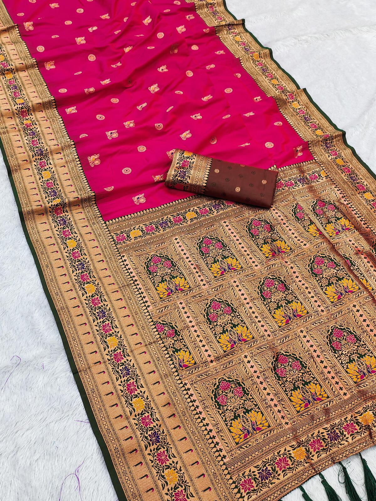 Dulcet Dark Pink Paithani Silk Saree With Deserving Blouse Piece
