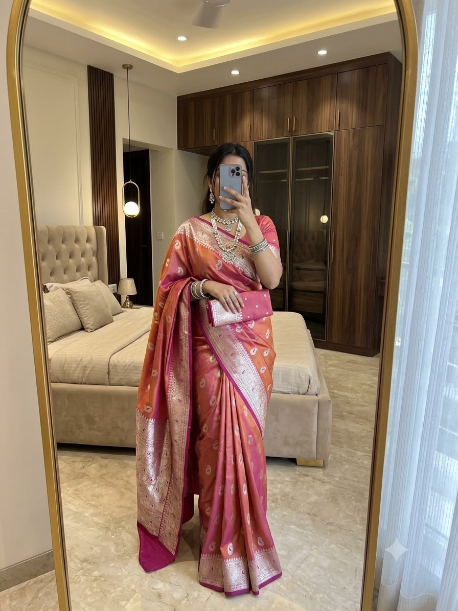 Resplendent Pink Pure Banarasi Silk Saree With Elaborate Blouse Piece