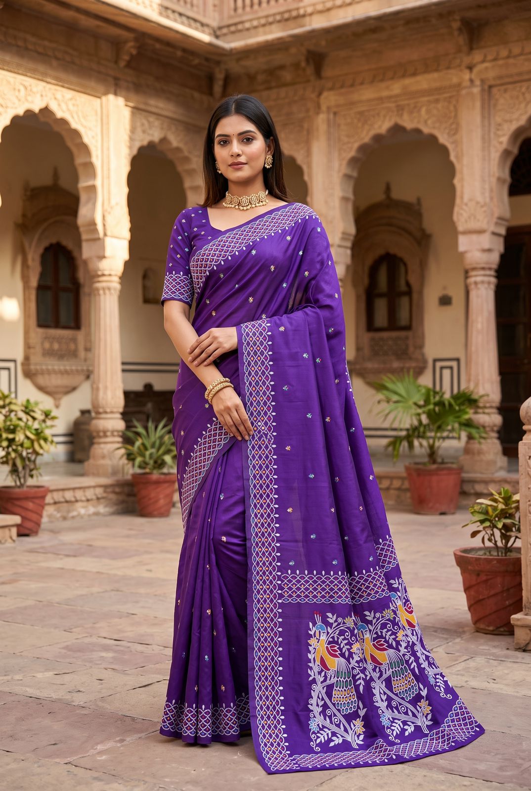 Trendy Purple Pure Banarasi Silk Saree With Sempiternal Blouse Piece
