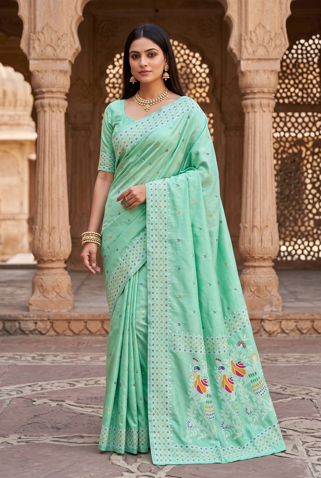 Artistic Sea Green Pure Banarasi Silk Saree With Gleaming Blouse Piece