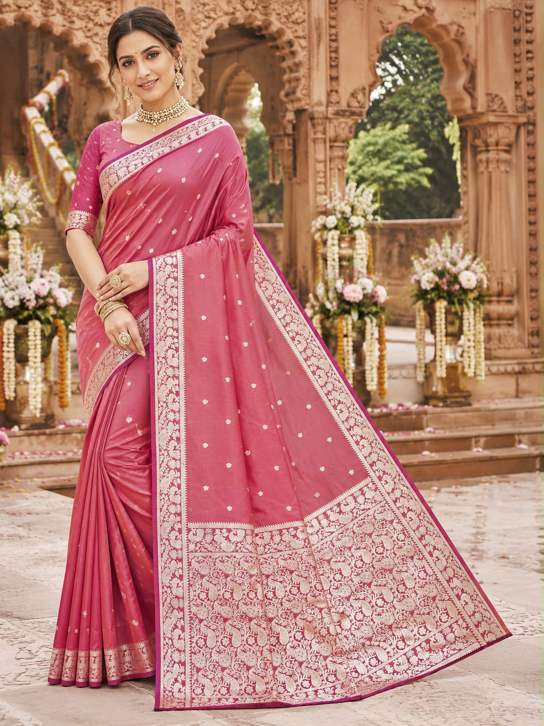 Blooming Pink Pure Banarasi Silk Saree With Incredible Blouse Piece
