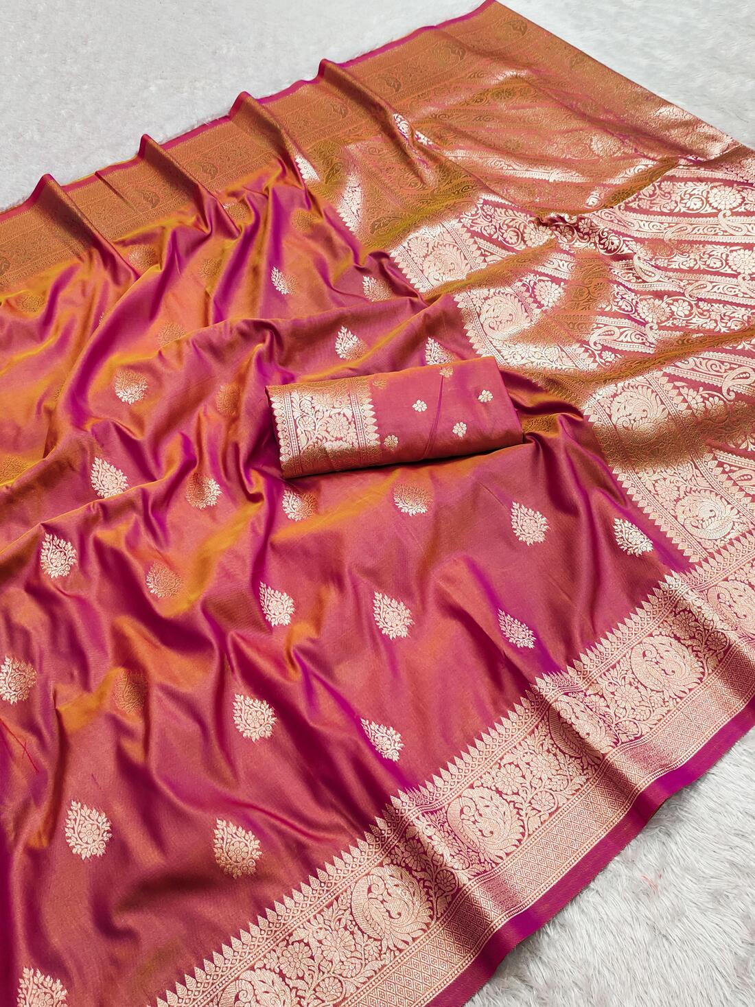 Gleaming Pink Soft Banarasi Silk Saree With Fugacious Blouse Piece