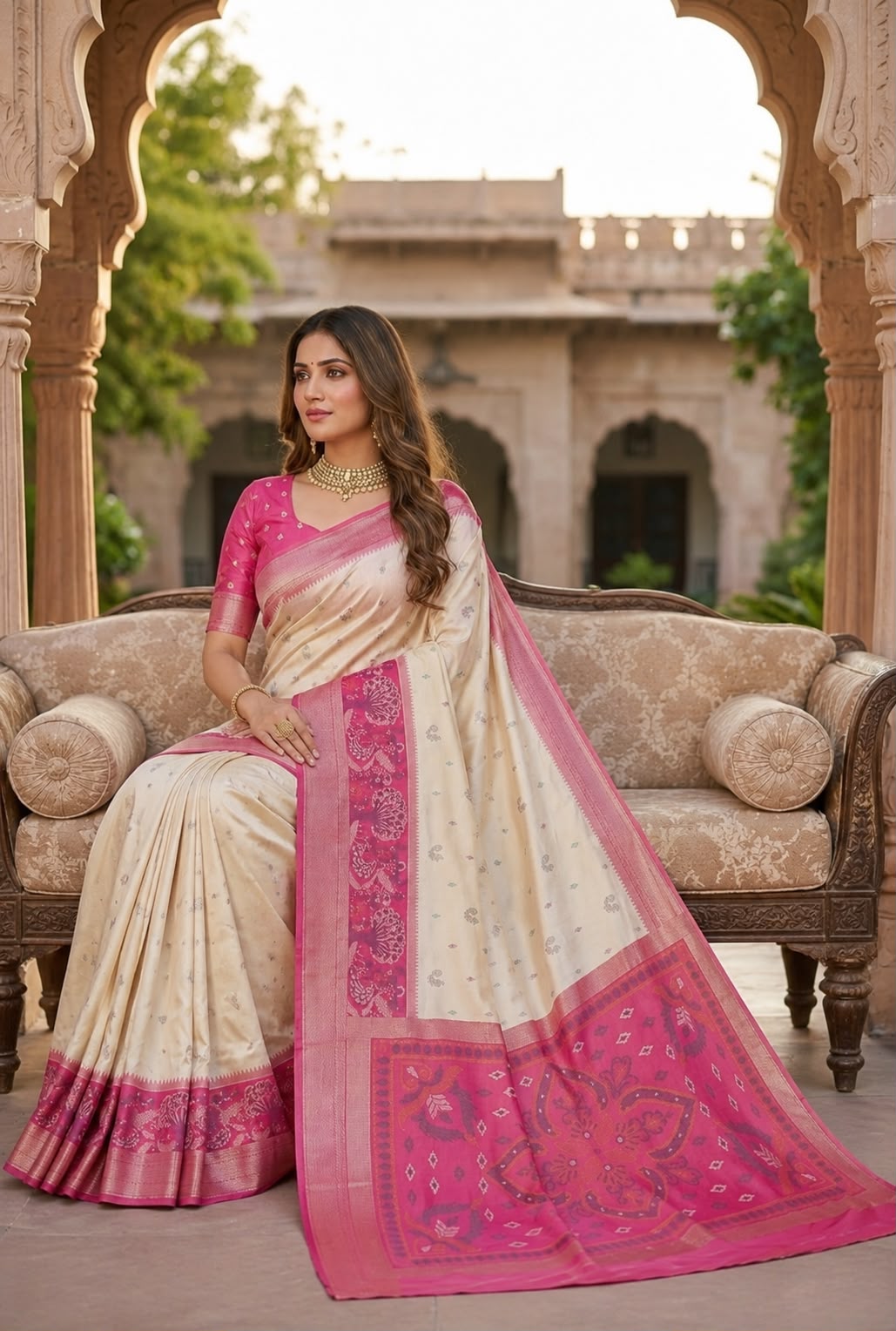 Pulsating Beige Banarasi Pochampally Silk Saree With Resonant Blouse Piece