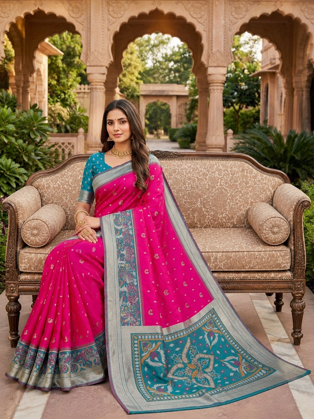 Adorning Dark Pink Banarasi Pochampally Silk Saree With Engaging Blouse Piece