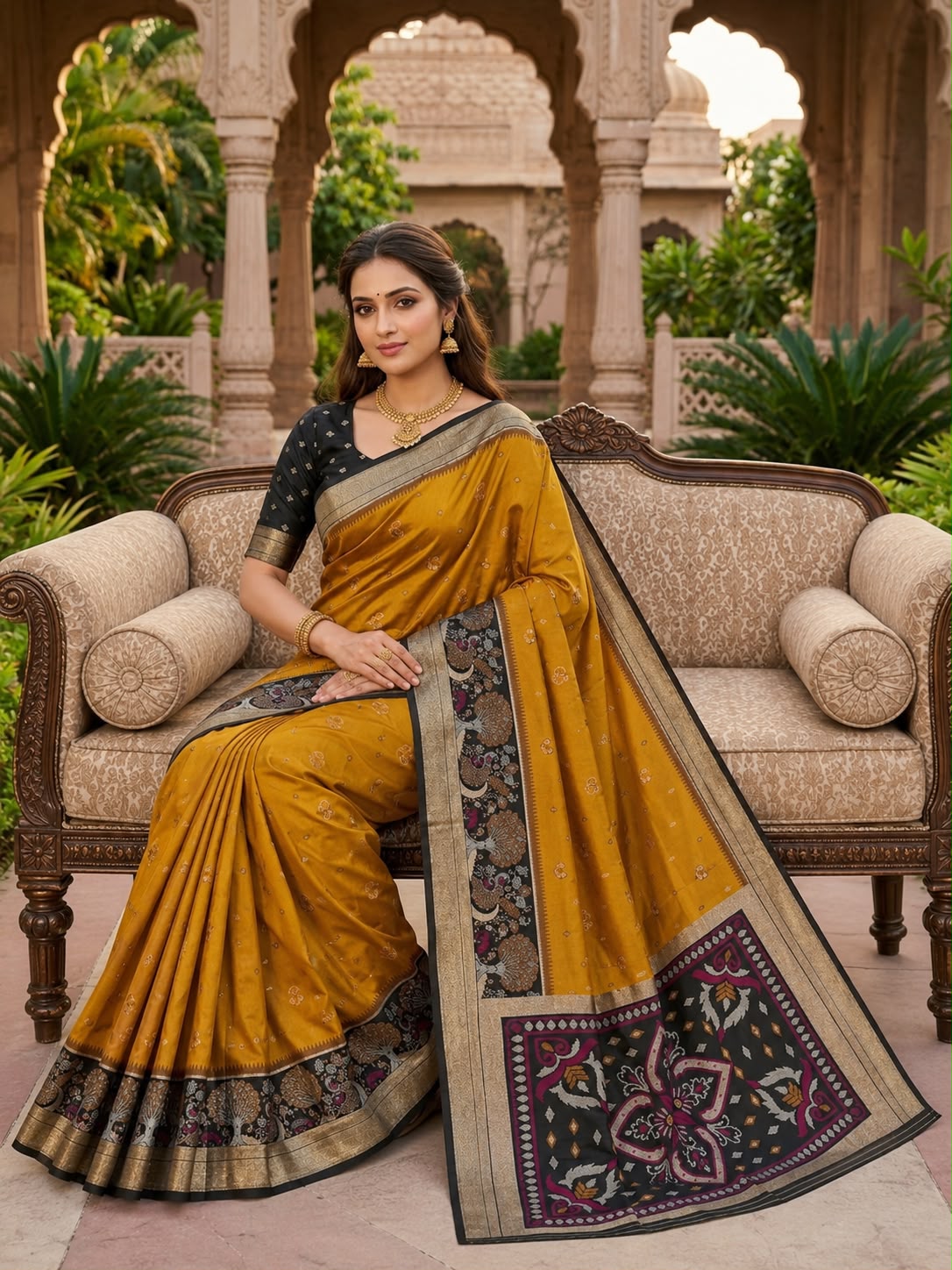 Rhapsody Mustard Banarasi Pochampally Silk Saree With Energetic Blouse Piece