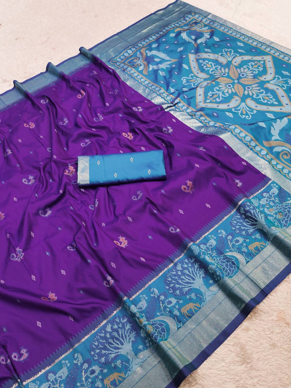Denouement Purple Banarasi Pochampally Silk Saree With Eclat Blouse Piece