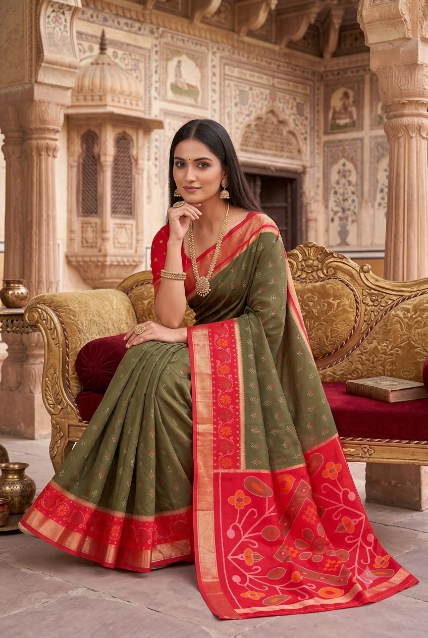 Sizzling Green Banarasi Pochampally Silk Saree With Innovative Blouse Piece