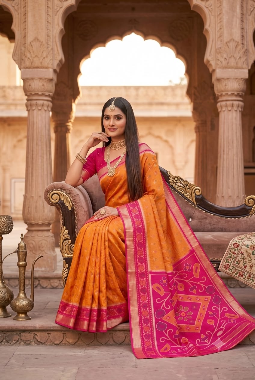 Aplomb Orange Banarasi Pochampally Silk Saree With Eloquence Blouse Piece
