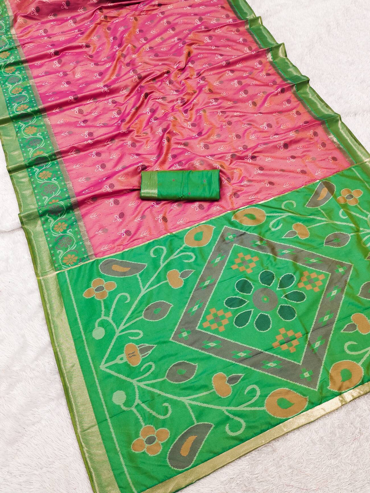 Radiant Pink Banarasi Pochampally Silk Saree With Gossamer Blouse Piece