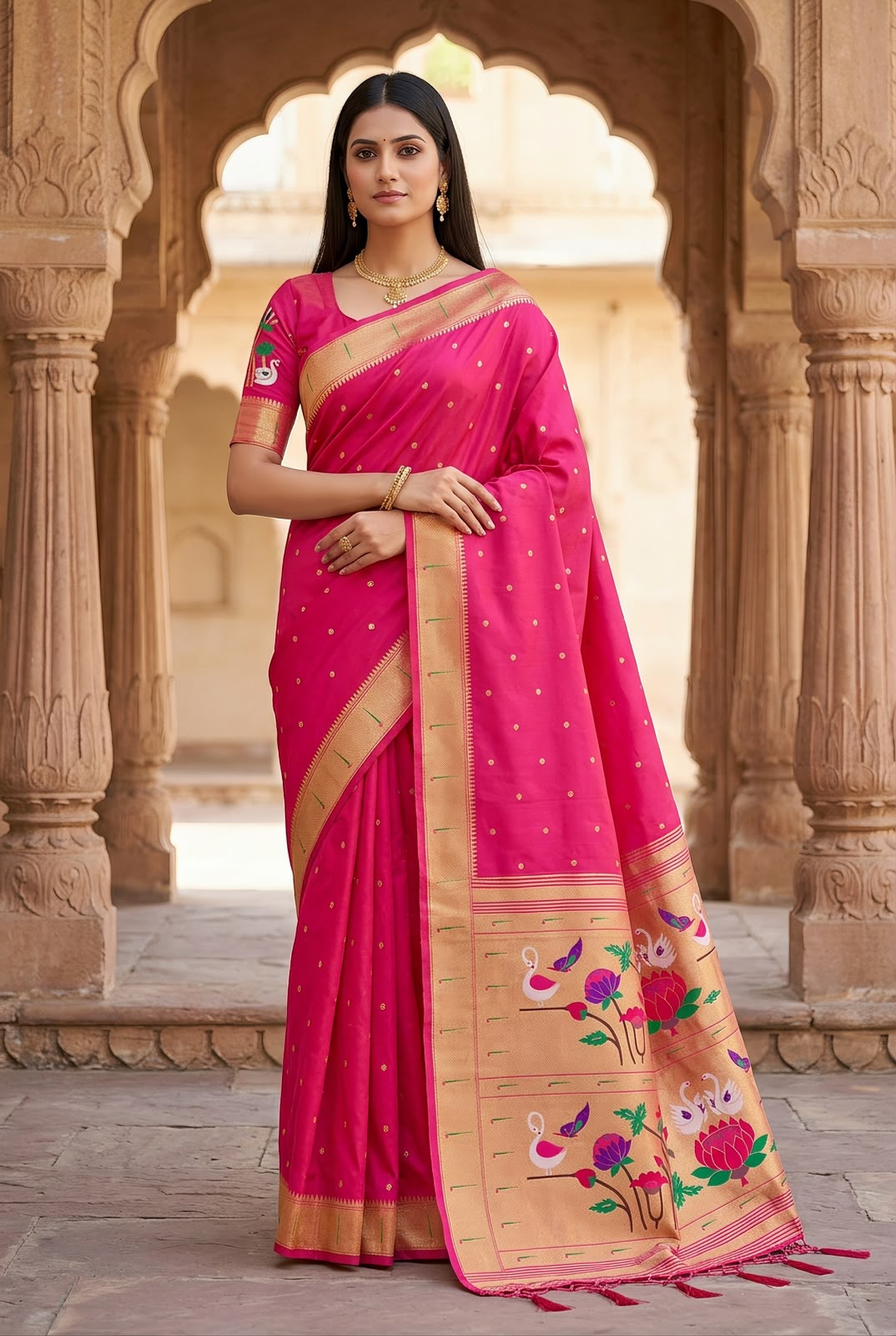 Enthralling Dark Pink Paithani Silk Saree With Snappy Blouse Piece