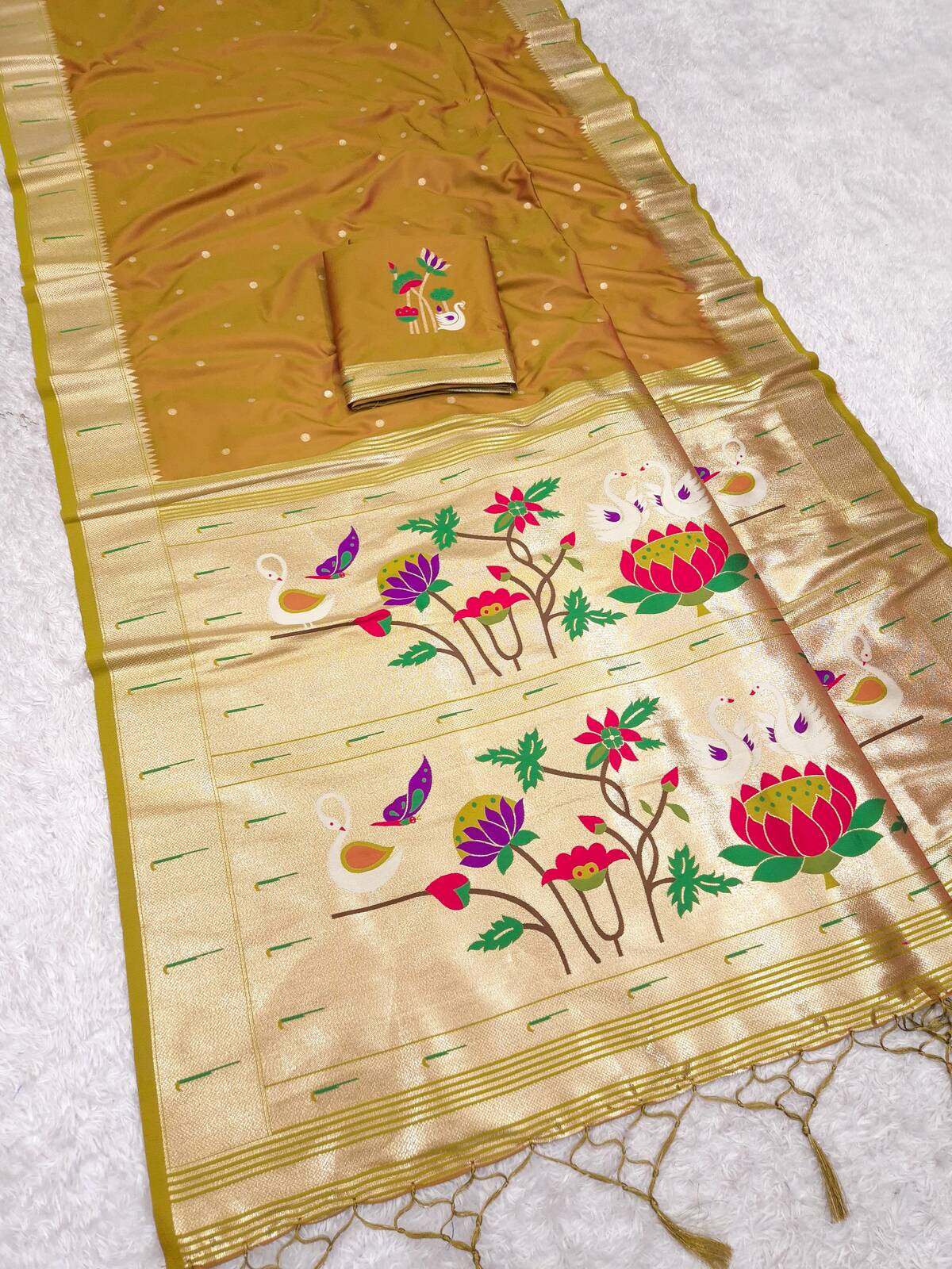 Dulcet Mustard Paithani Silk Saree With Ethereal Blouse Piece