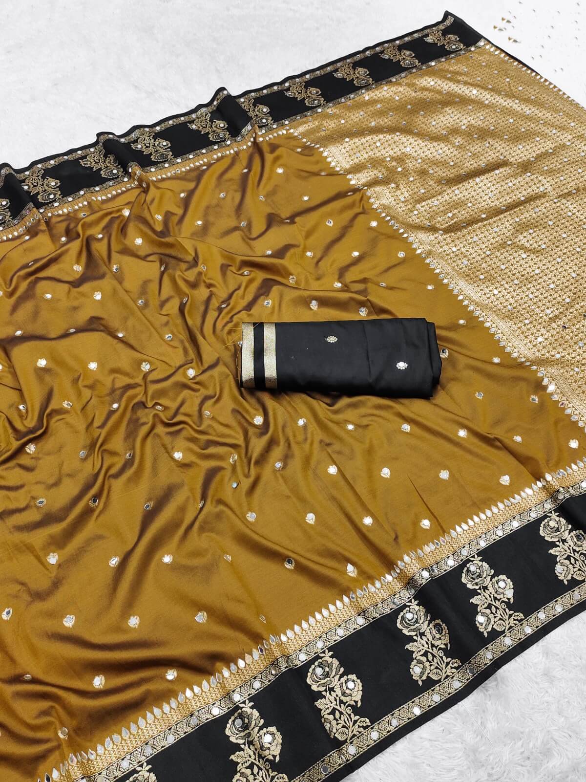 Sophisticated Mustard and Black Pure Banarasi Silk Saree With Denouement Blouse Piece