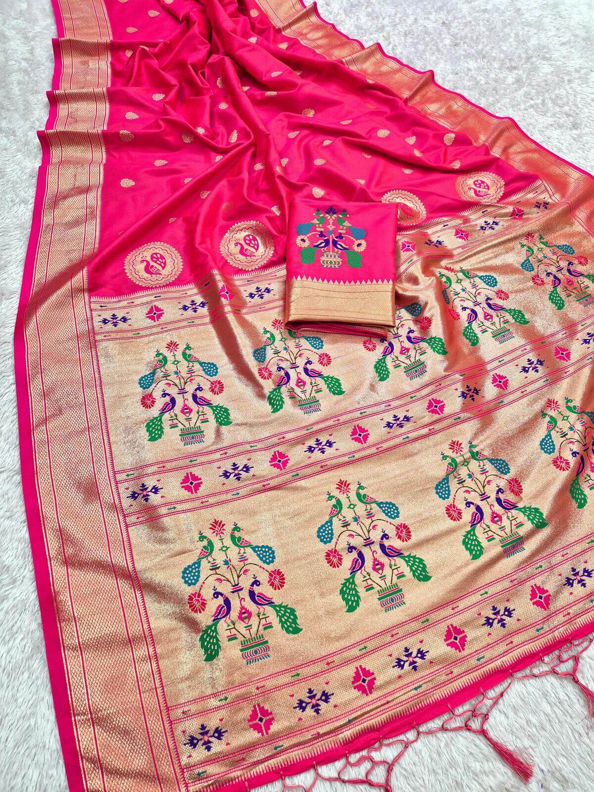 Lassitude Dark Pink Paithani Silk Saree With Improbable Blouse Piece