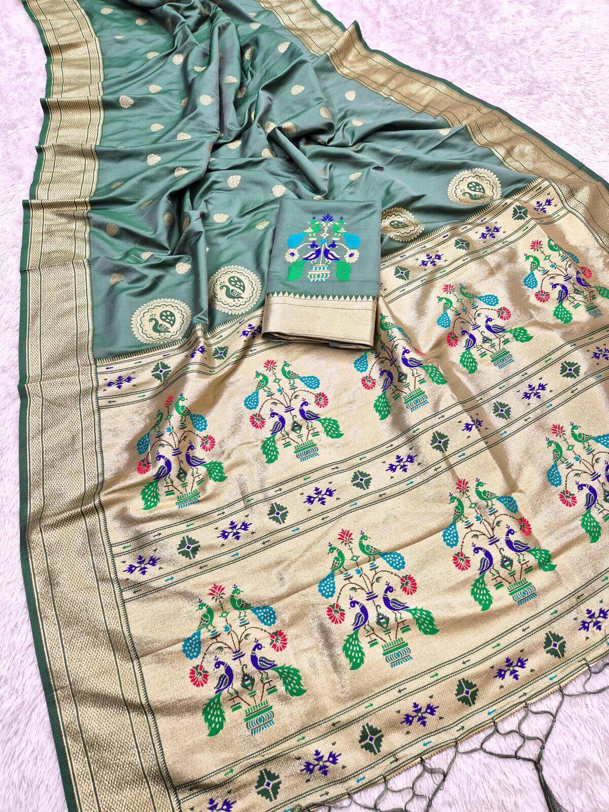 Opulent Grey Paithani Silk Saree With Elegant Blouse Piece