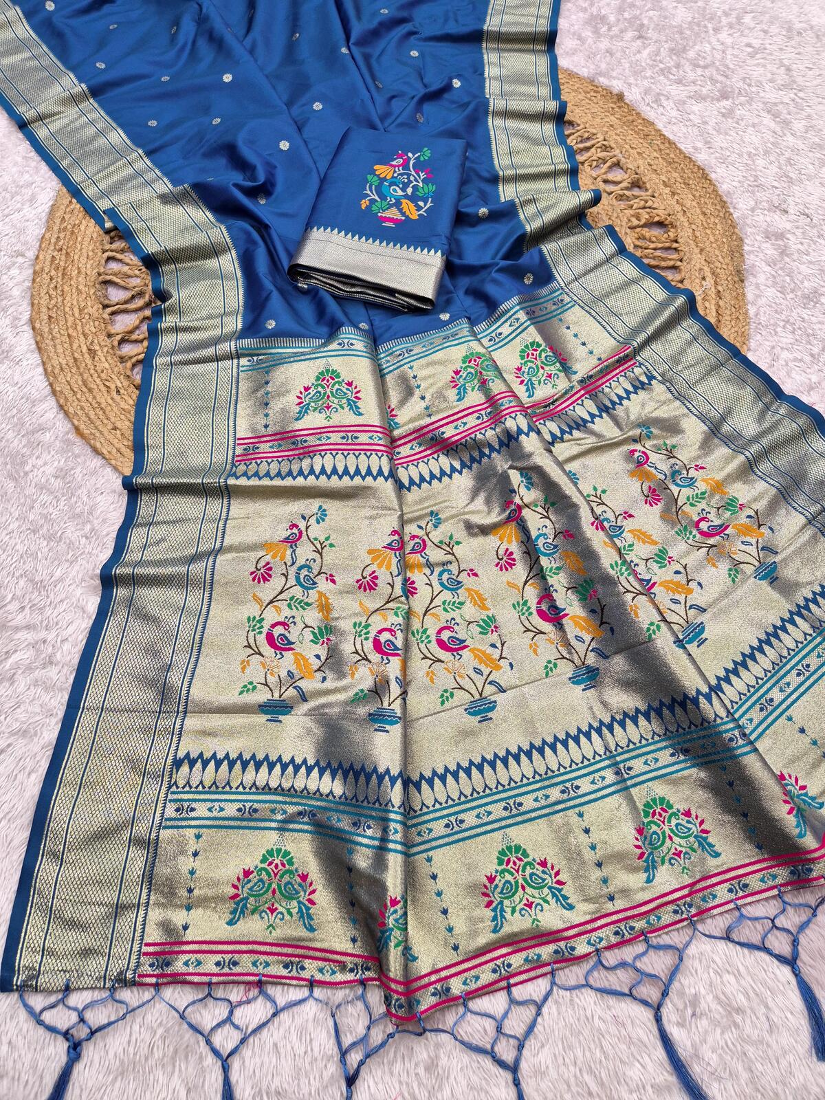 Nebula Blue Paithani Silk Saree With Pleasant Blouse Piece