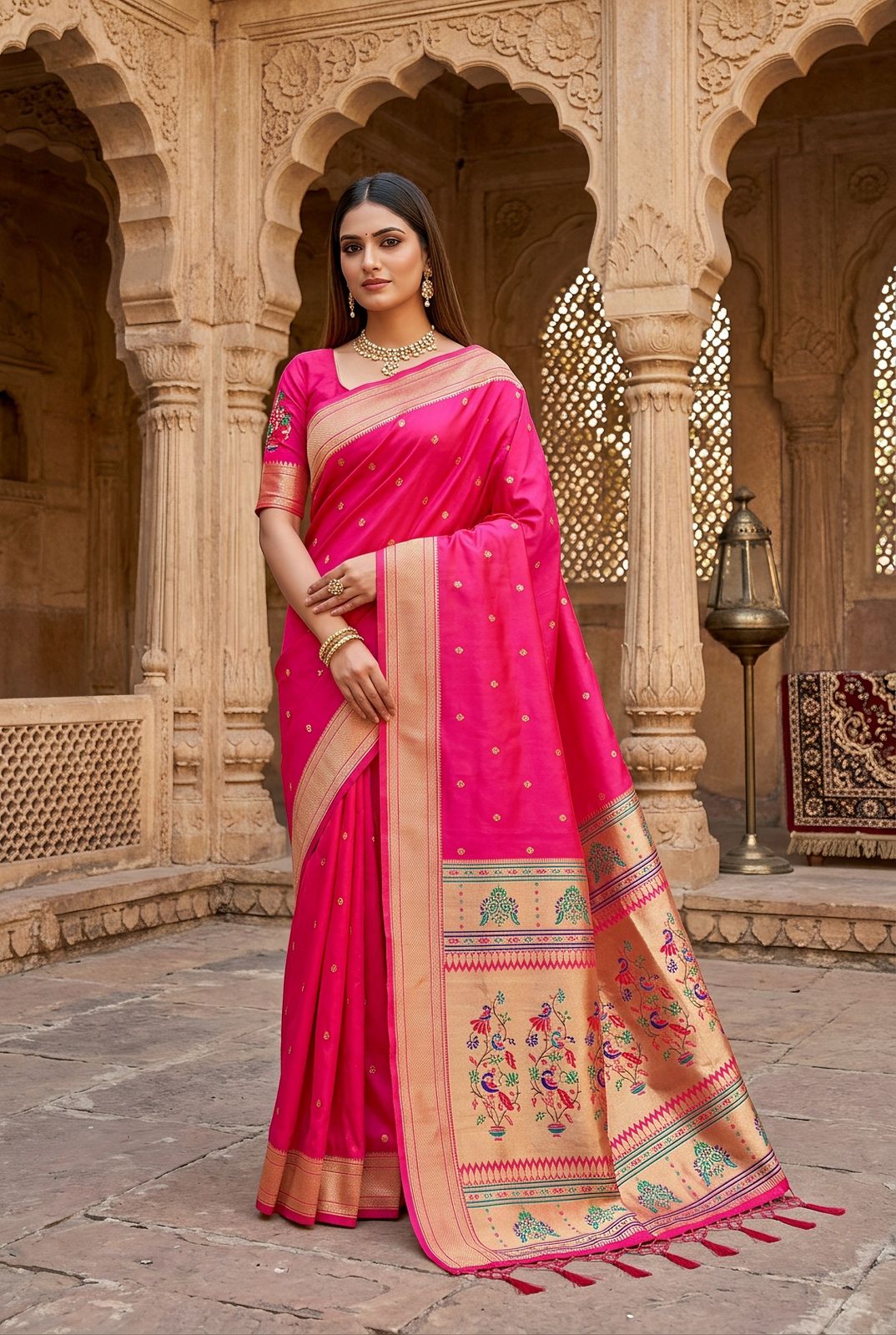 Staring Dark Pink Paithani Silk Saree With Extraordinary Blouse Piece