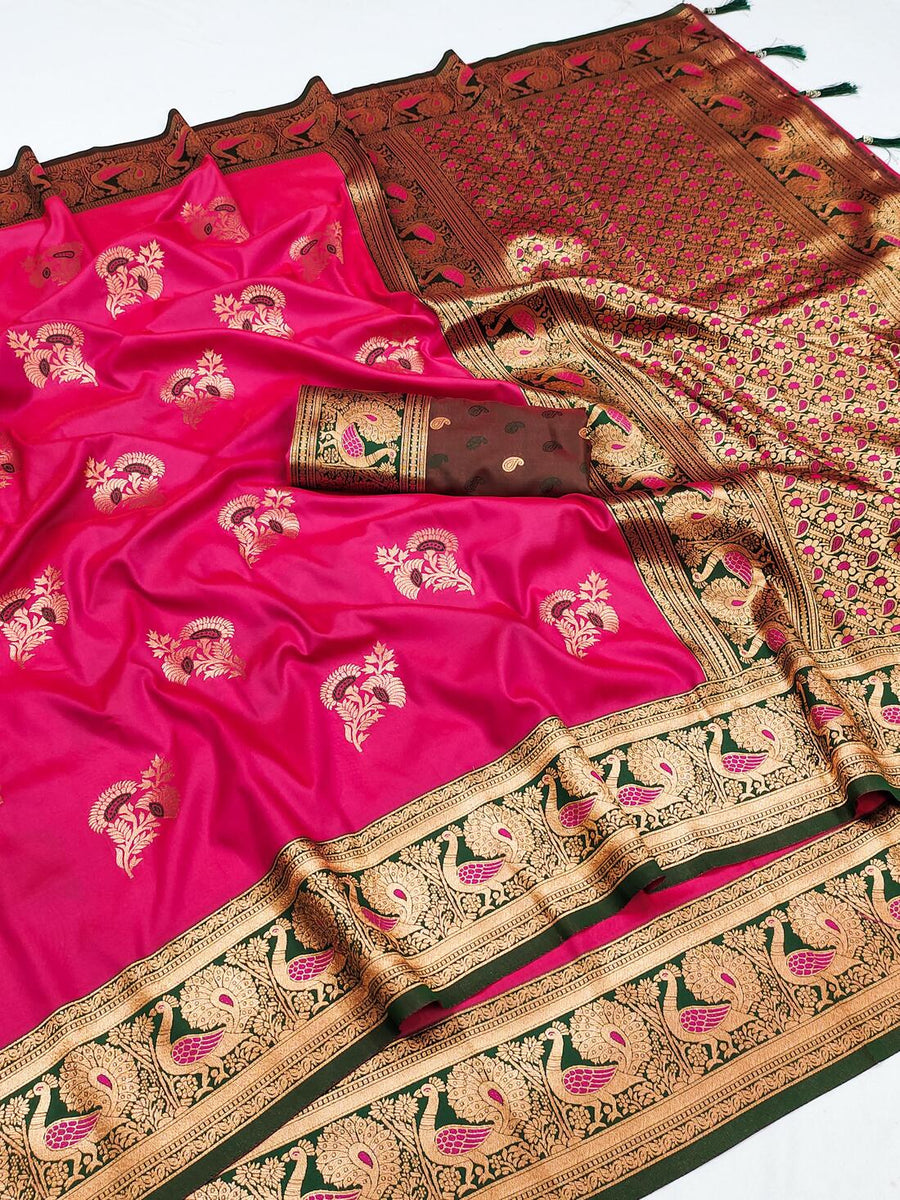 Dark Pink Paithani Silk Saree with Multicolored Floral Jaal Work main image 1