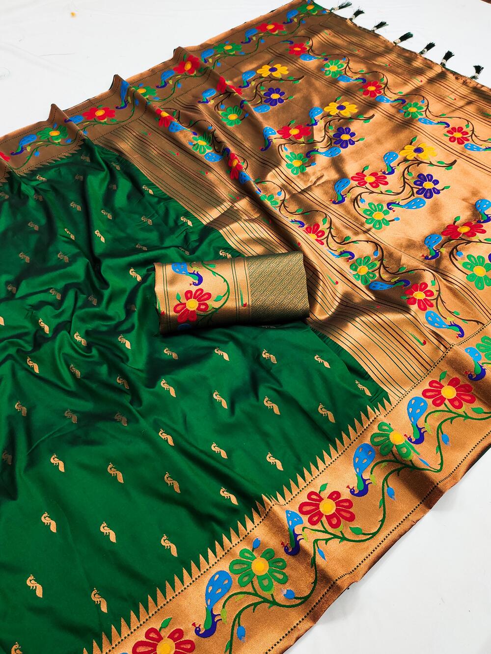 Capricious Dark Green Paithani Silk Saree With Beautiful Blouse Piece