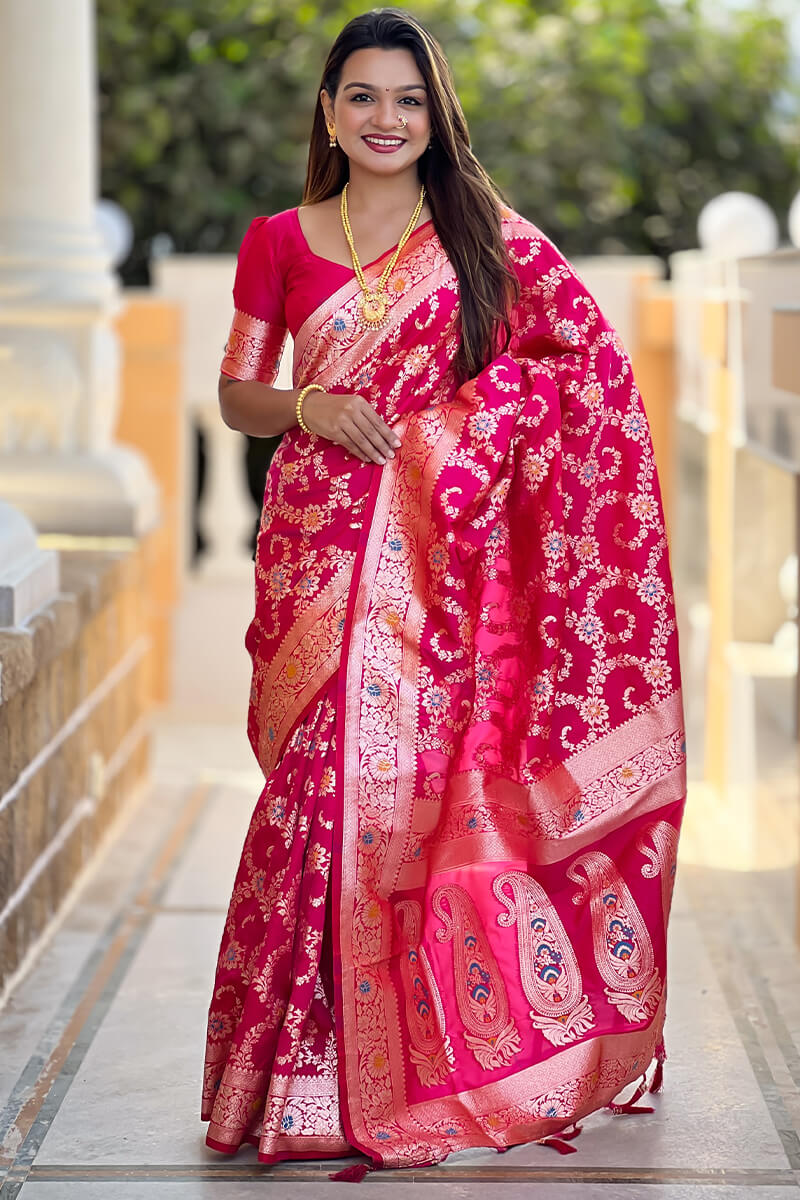 Capricious Dark Pink Soft Banarasi Silk Saree With Unique Blouse Piece