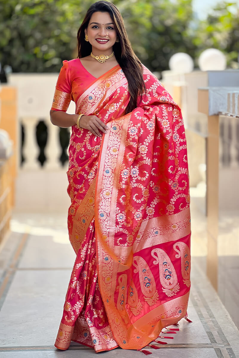 Bucolic Red Soft Banarasi Silk Saree With Conflate Blouse Piece