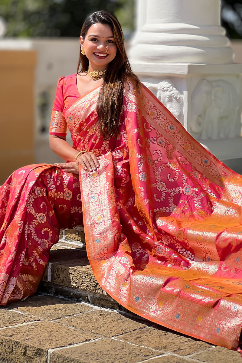 Bucolic Red Soft Banarasi Silk Saree With Conflate Blouse Piece
