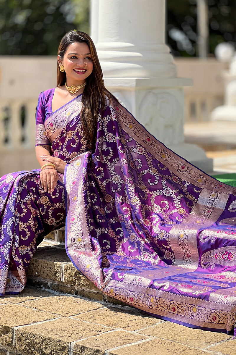Evocative Royal Purple Soft Banarasi Silk Saree With Moiety Blouse Piece