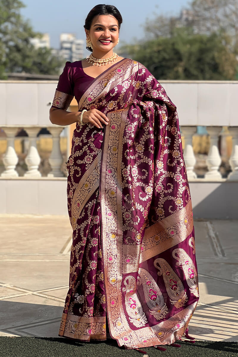 Surreptitious Wine Soft Banarasi Silk Saree With Engaging Blouse Piece
