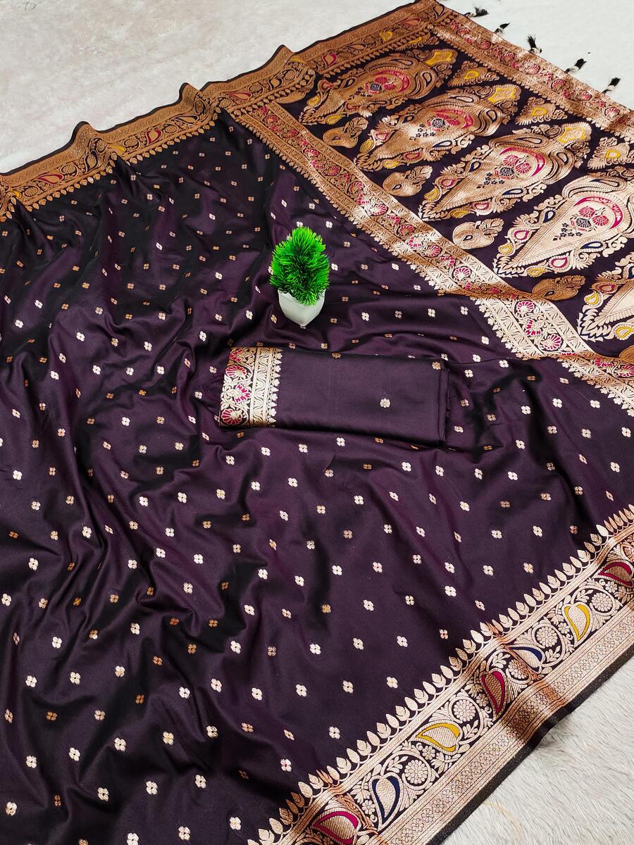 Blooming Wine Soft Banarasi Silk Saree With Most Stunning Blouse Piece