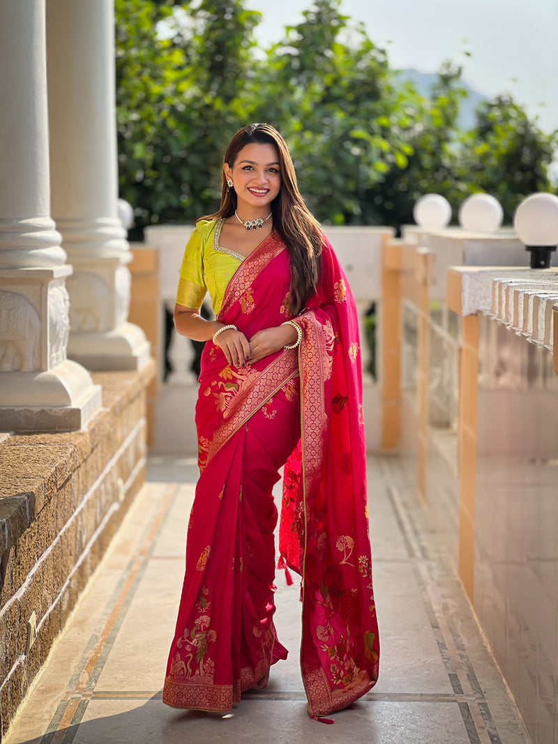 Radiant Dark Pink Soft Banarasi Silk Saree With Beautiful Blouse Piece