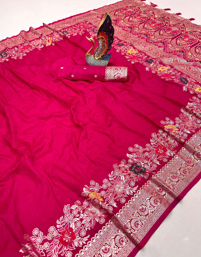 Comely Dark Pink Soft Banarasi Silk Saree With Delectable Blouse Piece