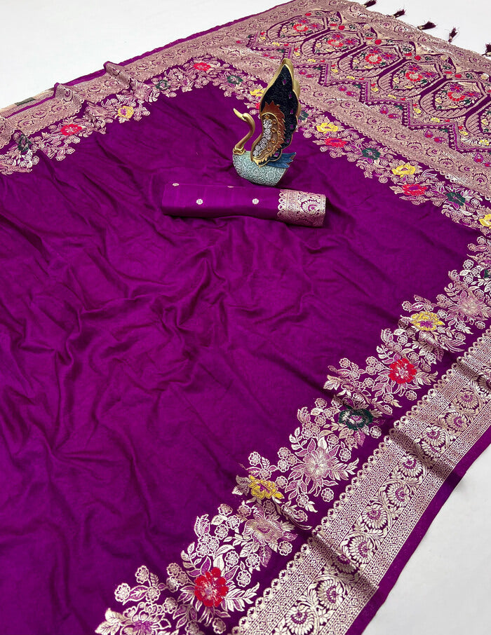 Enigmatic Purple Soft Banarasi Silk Saree With Embrocation Blouse Piece