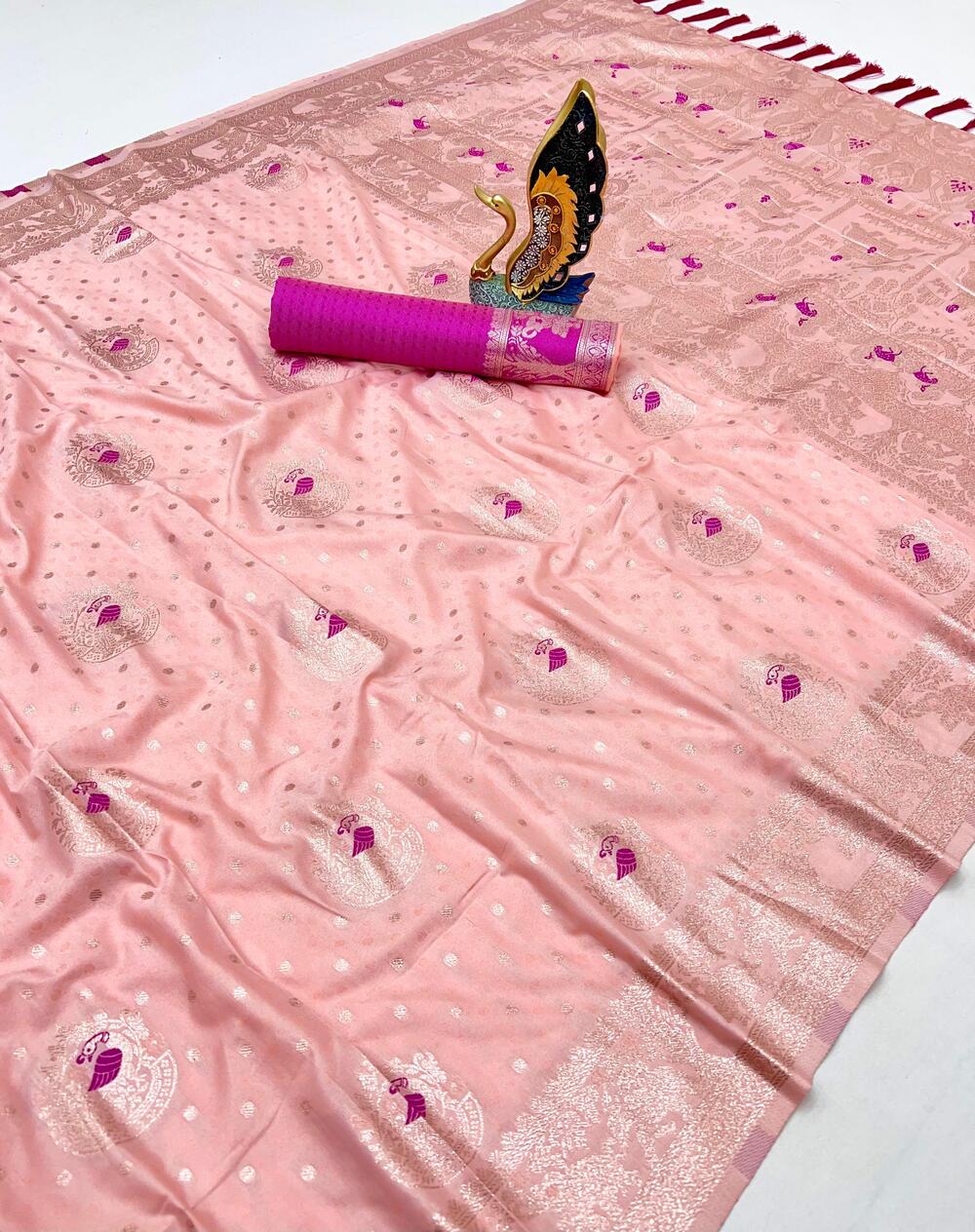 Ideal Baby Pink Cotton Silk Saree With Enchanting Blouse Piece