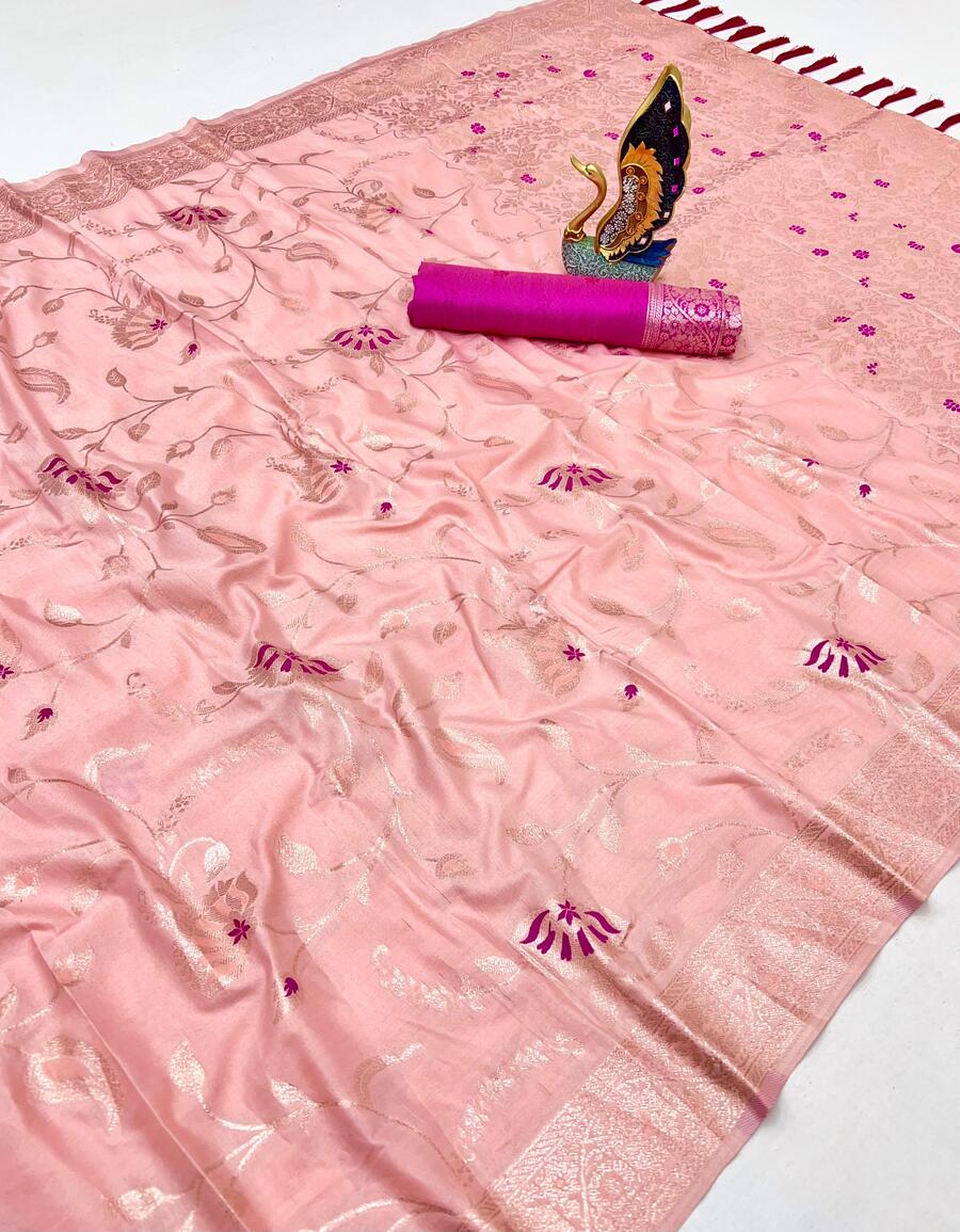 Alluring Pink Soft Banarasi Silk Saree With Alluring Blouse Piece