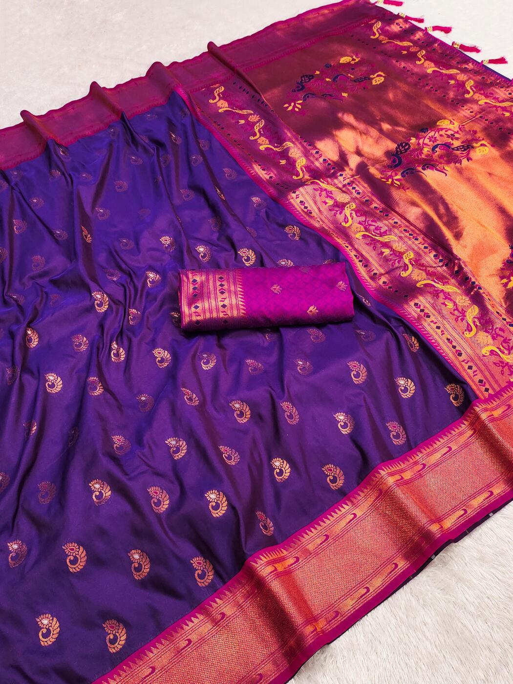 Flamboyant Royal Purple Paithani Silk Saree With Twirling Blouse Piece