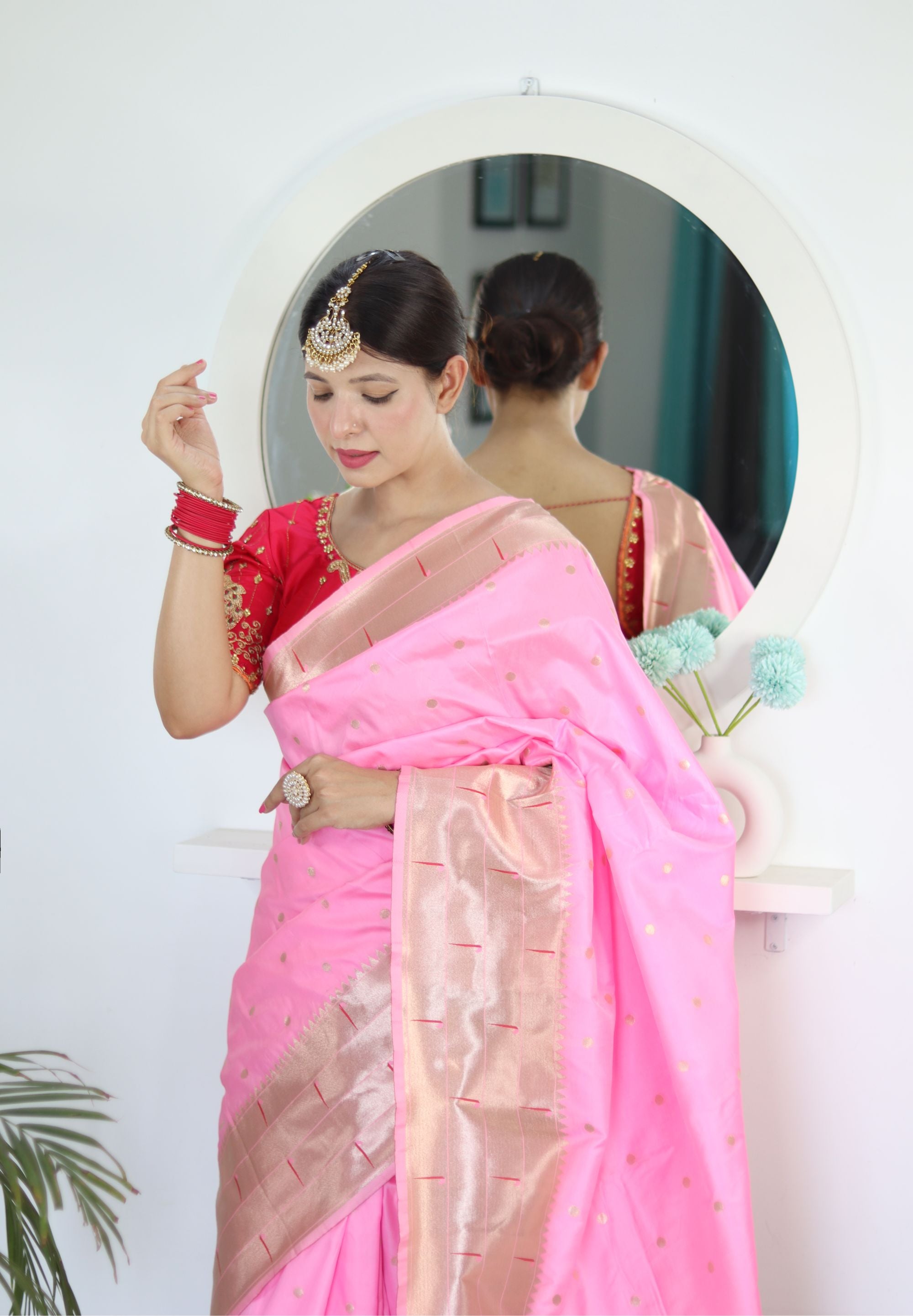 Energetic Baby Pink Paithani Silk Saree With Unique Blouse Piece