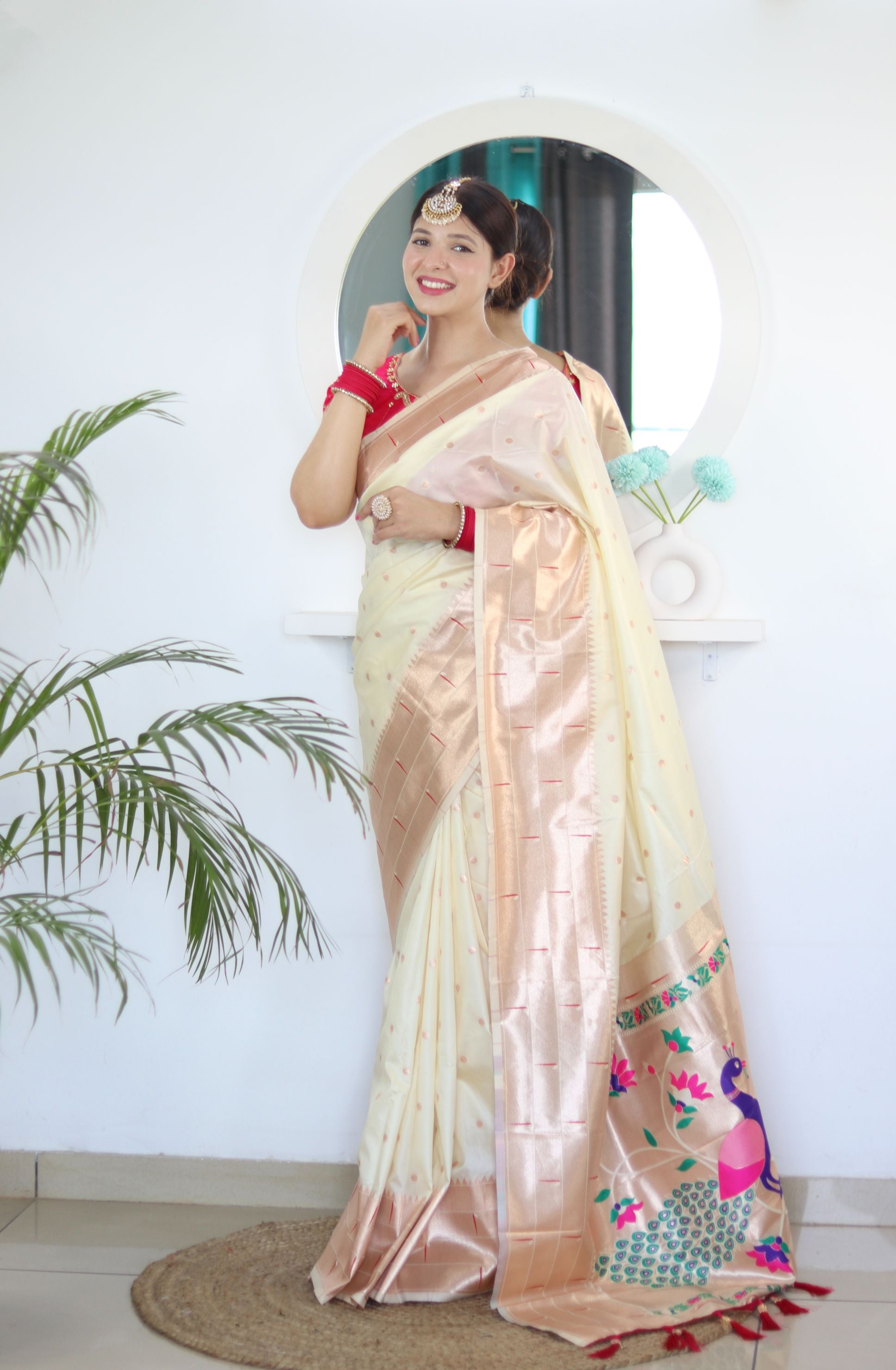 Sizzling Beige Paithani Silk Saree With Girlish Blouse Piece